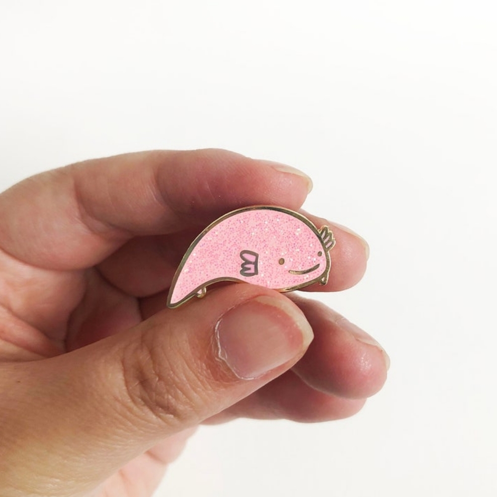 Ruby the Axolotl Pink Enamel Glitter Pin with Ocean Blue Clutch